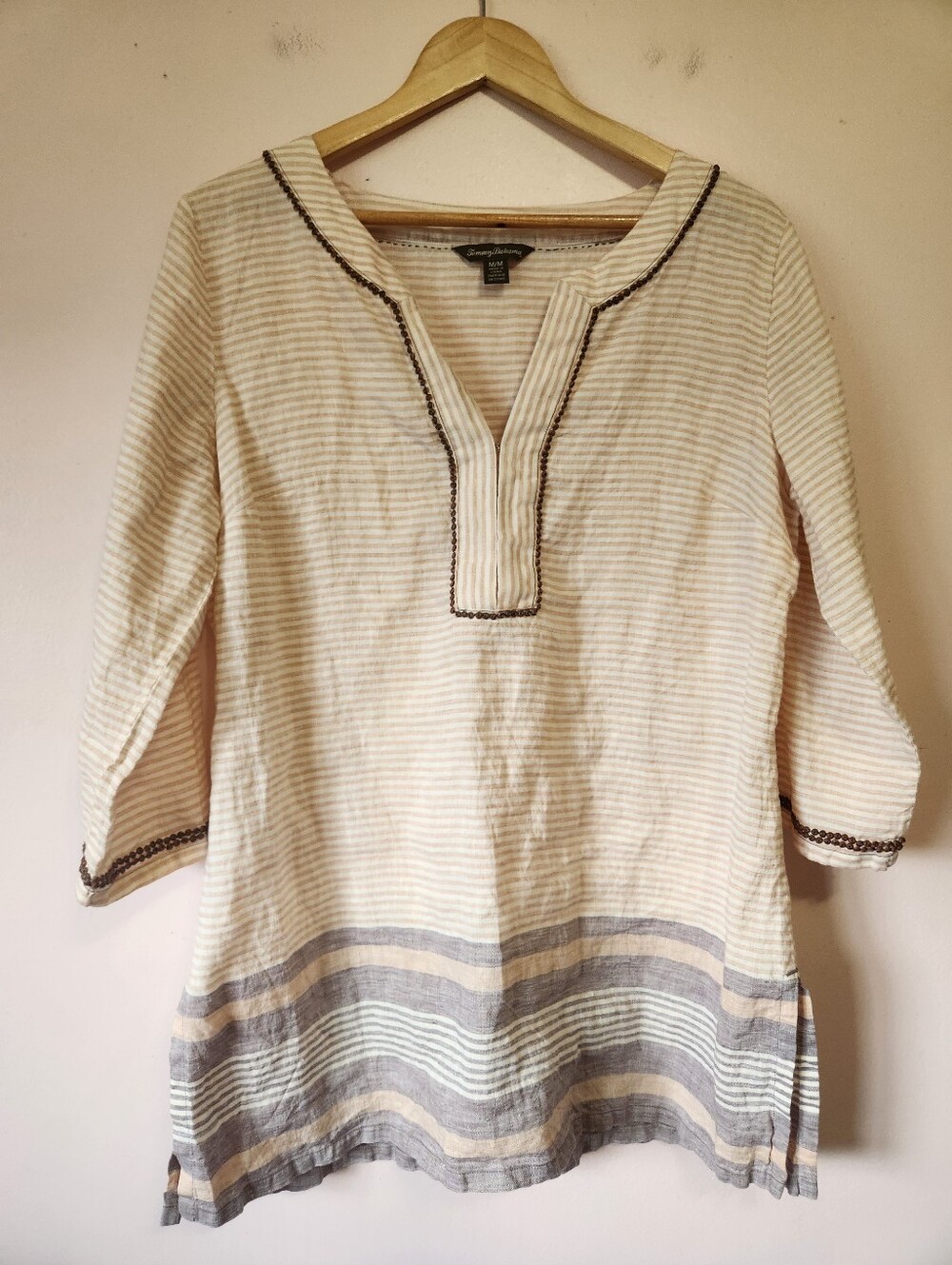Tommy Bahama 100% Linen Striped Tunic Top Size M EUC Beaded Coastal Resort